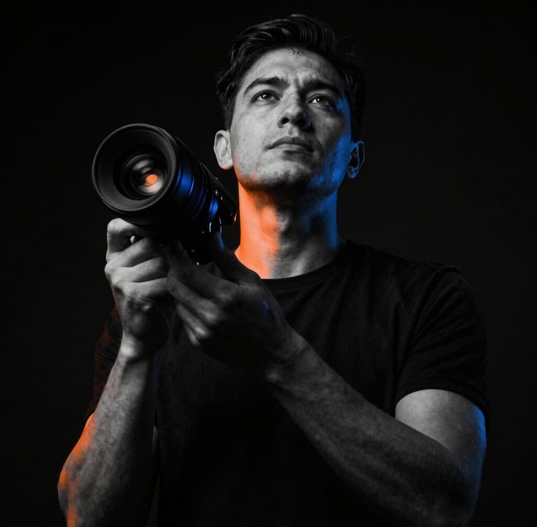 Low-angle heroic shot of a focused founder in a high-contrast black-and-white setting, dramatic low-key lighting with sharp rebel orange gel accents, 35mm lens