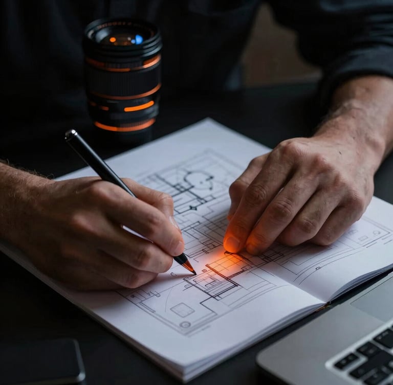 Close-up of hands drafting plans on a black desk, dramatic low-key lighting with sharp orange gel accents, 35mm lens