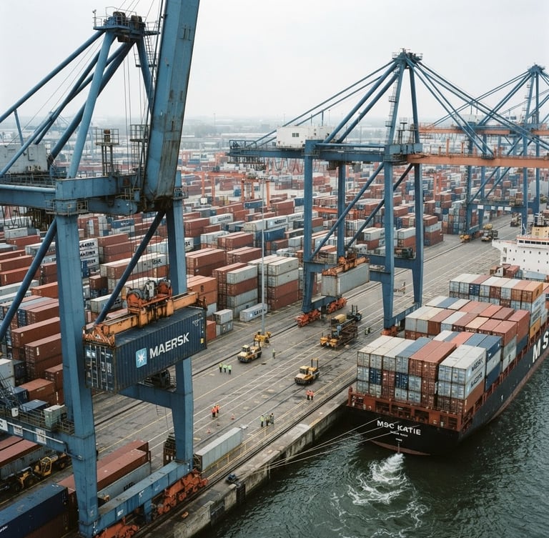 High-angle industrial documentary photograph of container terminal cranes lifting steel shipping containers under overcast daylight, desaturated steel blues, sharp focus