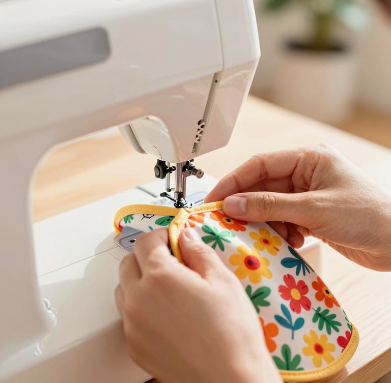Close-up of hands carefully sewing a colorful floral dog shirt on a vintage sewing machine, bright warm daylight, shallow depth of field