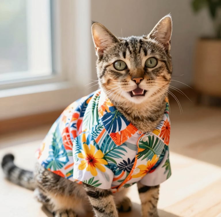 A happy tabby cat wearing a tiny tailored colorful Hawaiian shirt, looking directly at the camera, bright natural light, warm indoor setting