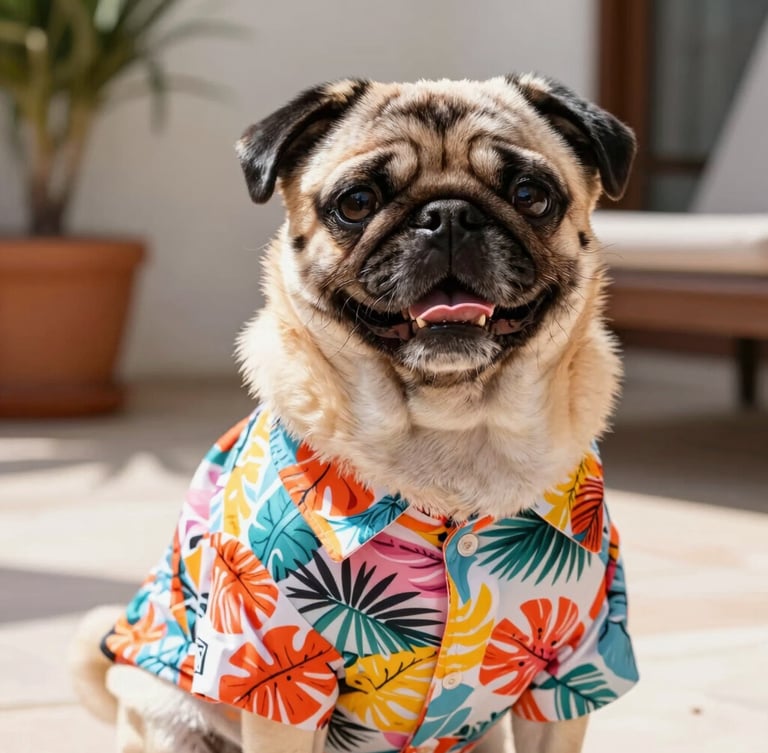 Close-up of a happy pug wearing a custom-tailored colorful tropical shirt, bright natural daylight, Celaya home patio background, eye-level framing