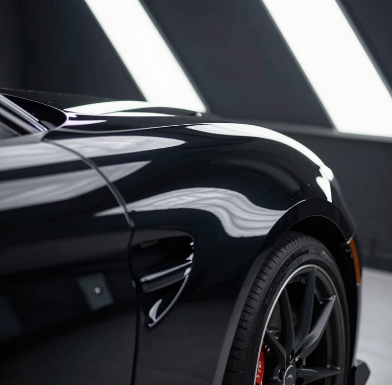 Extreme close-up of a flawless black sports car fender reflecting overhead white LED light grids in a sterile, dark detailing bay, high-contrast studio lighting, sharp reflections.