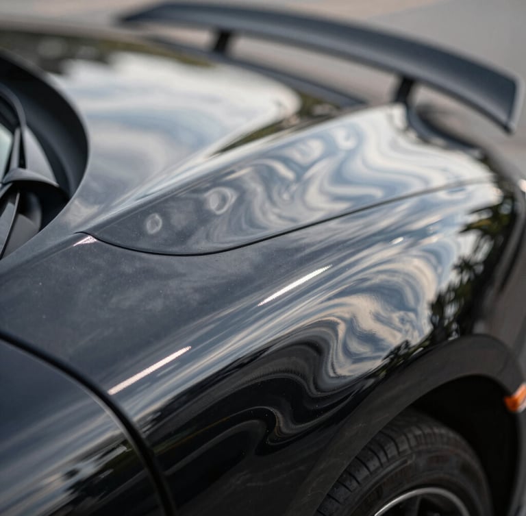 Extreme close-up macro shot of a flawless black sports car fender reflecting overhead LED light bars, showing absolute mirror finish, high contrast, liquid silver reflection.