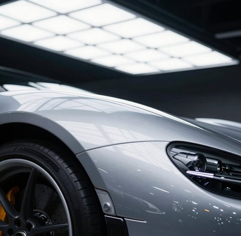Extreme close-up of a high-end sports car fender under a bright white LED inspection grid, showing a flawless, liquid-like silver reflection with absolute clarity.