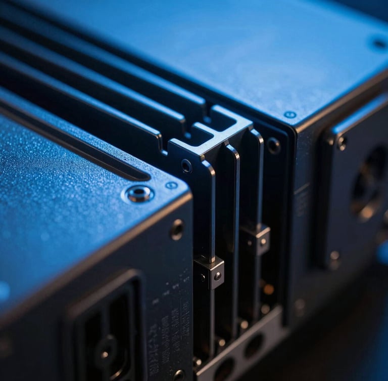 Extreme macro close-up of high-end server hardware, cool-toned blue light reflecting off structural metallic fins, dark shadows, architectural precision