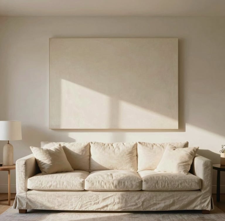 A grand, sun-drenched minimalist living room with a large 40x60 canvas hanging above a low-profile linen sofa, warm afternoon shadows, medium format film.