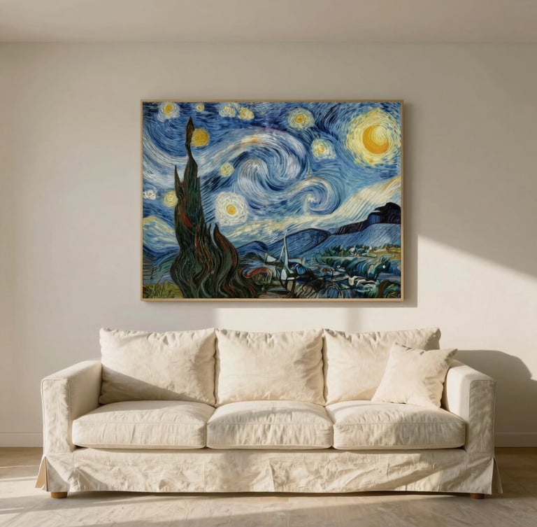 Wide environmental shot of a sun-drenched, minimalist luxury living room with alabaster walls. A large-scale reproduction of a Vincent van Gogh canvas is mounted above a low-profile linen sofa. Soft, warm afternoon sunlight creates long, elegant shadows. Medium format film aesthetic.