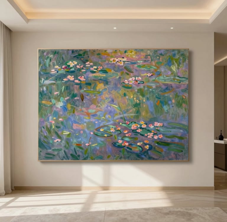 A large-scale Claude Monet water lilies canvas hung in a sun-drenched, minimalist luxury living room, soft warm afternoon sunlight with long shadows, medium format film