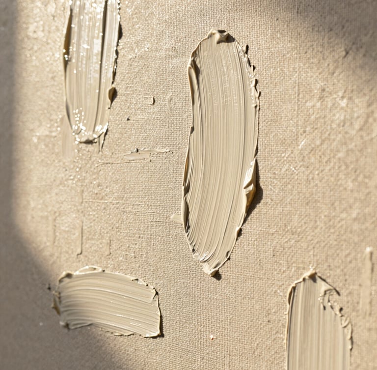 Extreme macro detail shot of oil paint texture on heavy linen canvas, soft golden hour sunlight illuminating the thick impasto brushstrokes, warm alabaster tones.