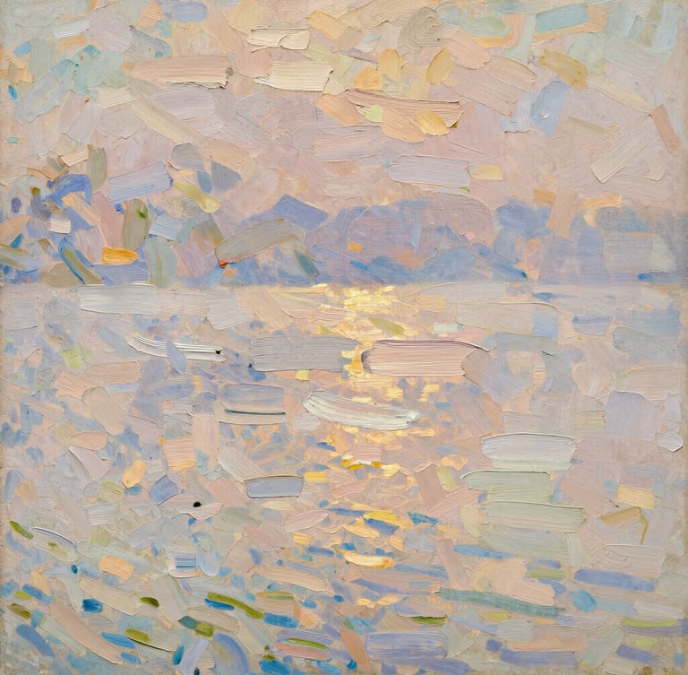 Extreme macro detail shot of a museum-grade canvas texture showing heavy oil paint brushstrokes of a Monet water landscape, warm soft light
