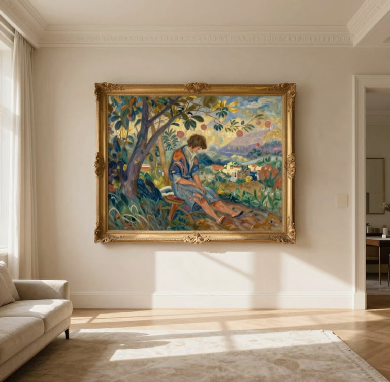 A large-scale Pierre-Auguste Renoir canvas reproduction framed in an elegant, sun-drenched living room with high ceilings, warm alabaster walls, soft linen textures, natural afternoon sunlight casting long shadows.