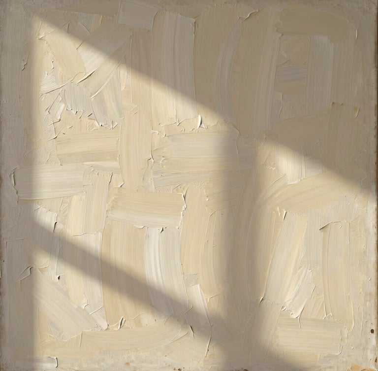 Close-up detail of museum-grade canvas texture showing the thick, structured brushstrokes of a Cezanne reproduction, warm natural light, soft shadows.