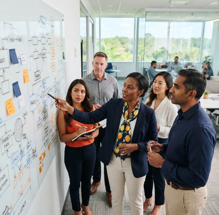 Collaborative workshop in a modern, bright office, diverse team focused on a whiteboard with structured diagrams, natural Florida daylight, crisp and clean.