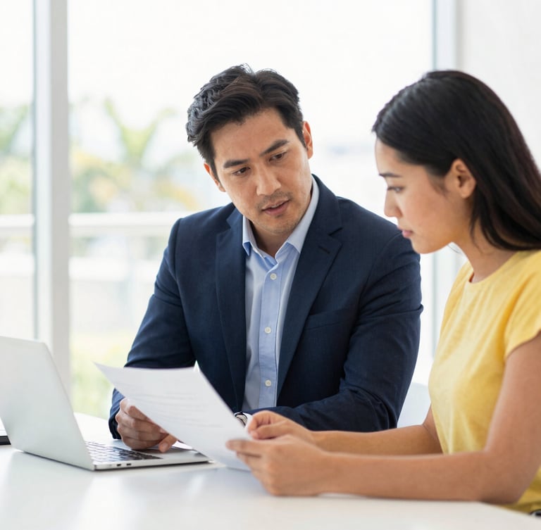 Bright, high-key photograph of a consultant actively engaging with a small business owner over a planning document, both looking focused and collaborative, modern office setting, natural Florida daylight.