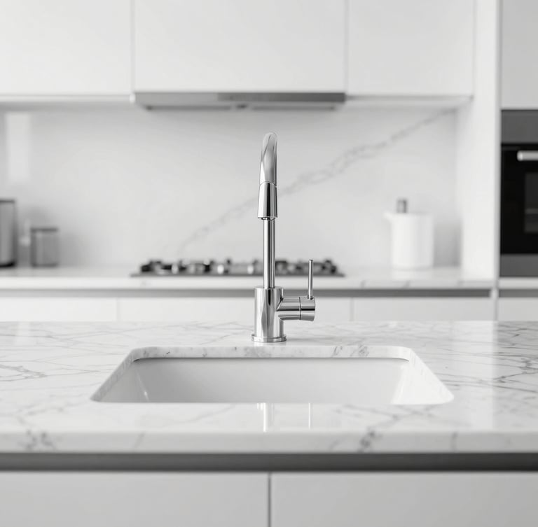 Straight-on close-up of an immaculate kitchen counter, polished white marble, bright high-key natural daylight, crisp black and white tones.
