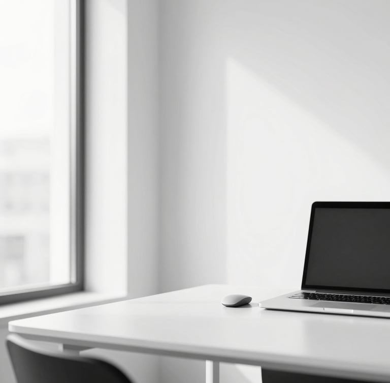 Sharp architectural focus on a dust-free office workspace, minimalist desk setup, bright natural daylight, clean lines, black and white tones.