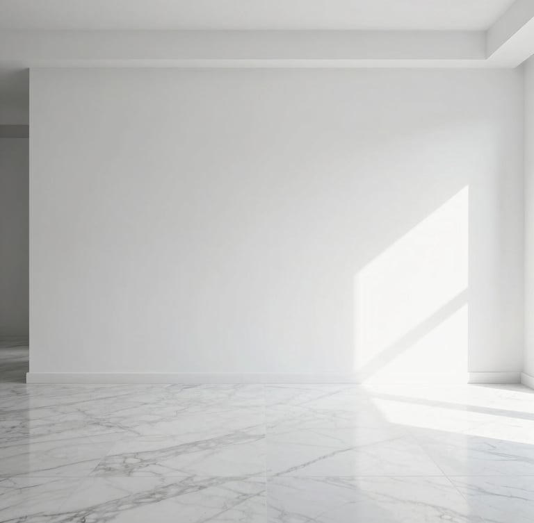 Minimalist clean interior photography, bright natural daylight, crisp black and white tones, sharp architectural focus on a spotless modern living room with pristine marble floor.