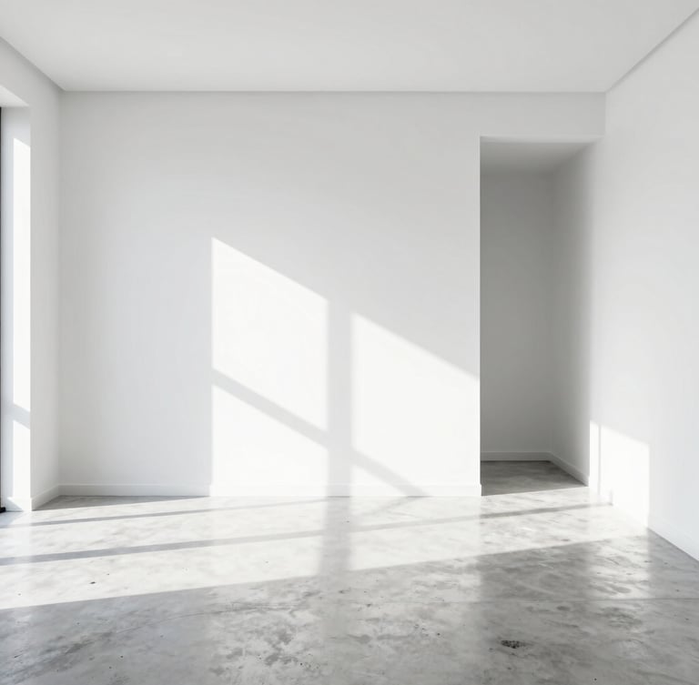 Minimalist high-key interior of a modern Kuala Lumpur apartment, pristine polished concrete floors, clean white walls, sharp daylight casting graphic shadows.