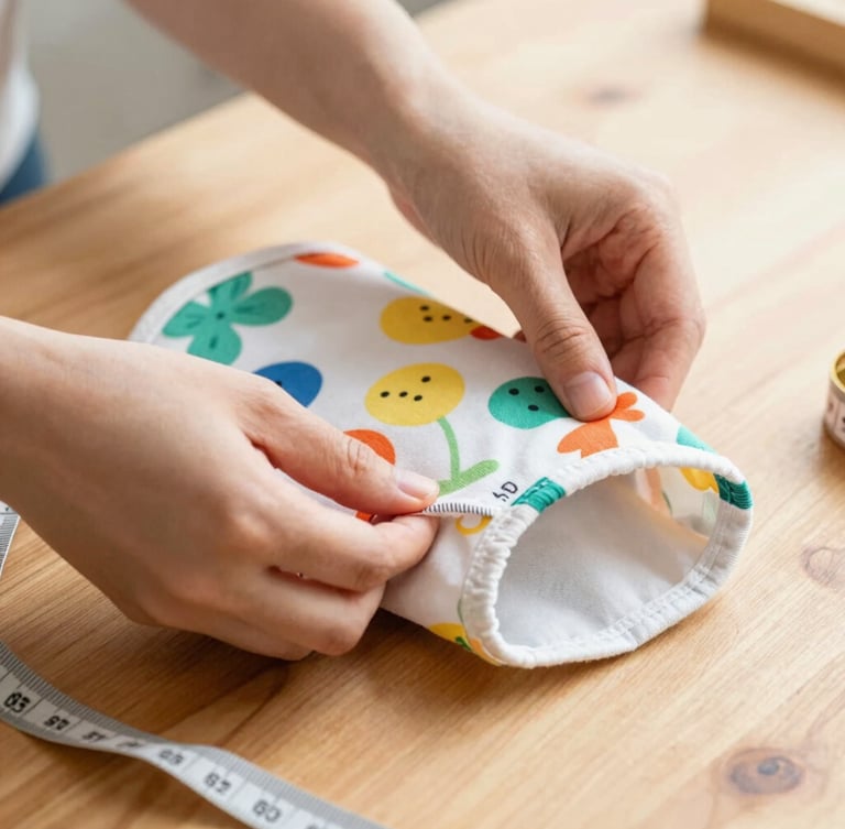 Close-up of hands carefully tailoring a small colorful cotton pet shirt on a wooden table, measuring tape nearby, warm natural light, shallow depth of field, 35mm