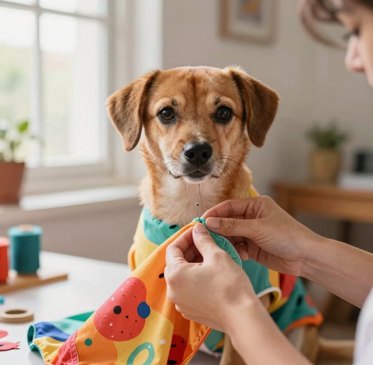 Close-up of hands sewing a colorful pet garment in a warm family workshop in Celaya, soft natural window light, editorial style