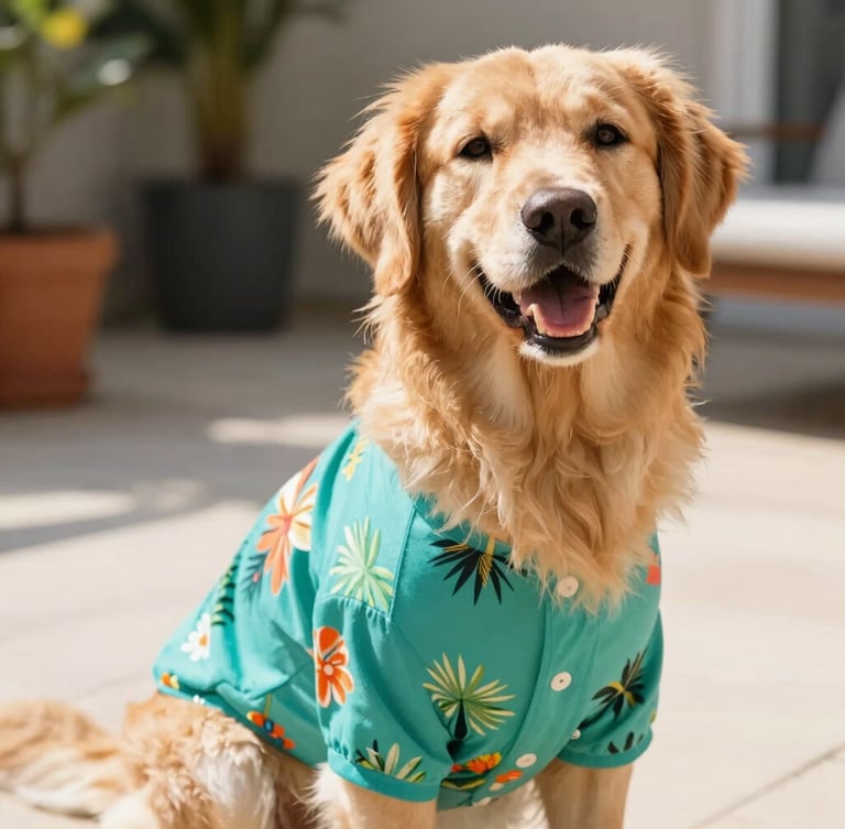 A happy golden retriever wearing a colorful tropical teal pet shirt, sitting on a sunny patio, warm editorial photography, bright natural daylight