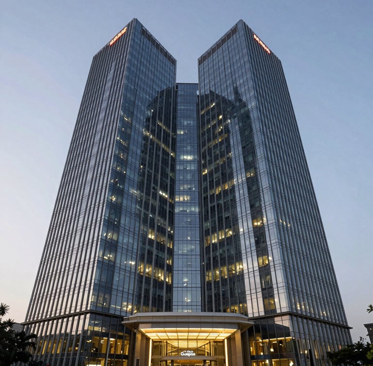 Symmetrical wide-angle shot of a modern glass office skyscraper in Gurgaon during twilight, sleek architectural lighting, clean corporate lines, 35mm photography