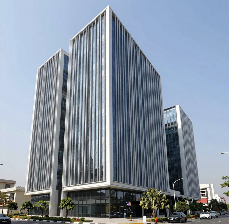 Sleek modern corporate real estate office building in Gurgaon, bright natural daylight, sharp architectural focus