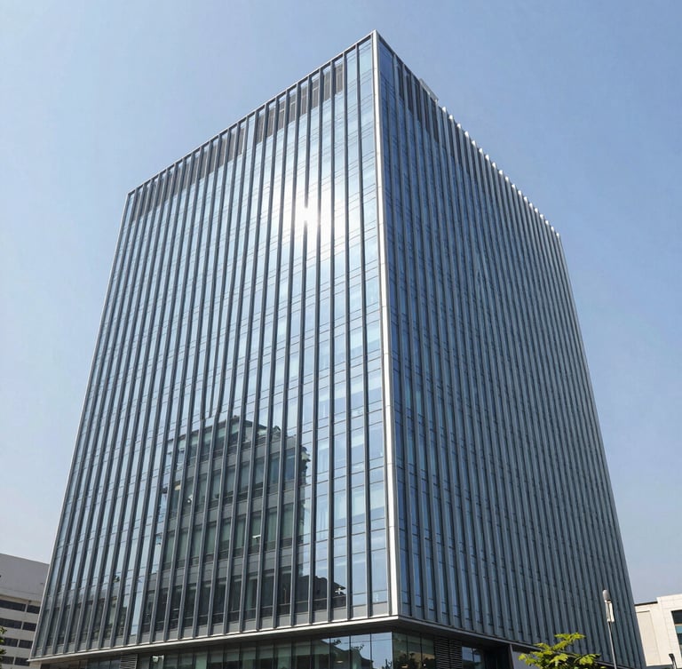 Sleek modern corporate glass facade in Gurgaon business district, clean architectural lines, bright natural daylight, wide-angle 35mm photography