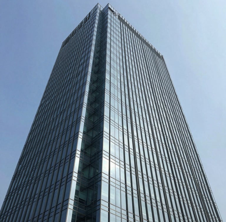 Sleek modern corporate office tower facade in Gurgaon, sharp architectural angles, bright natural daylight reflecting off glass panels, 35mm photography.