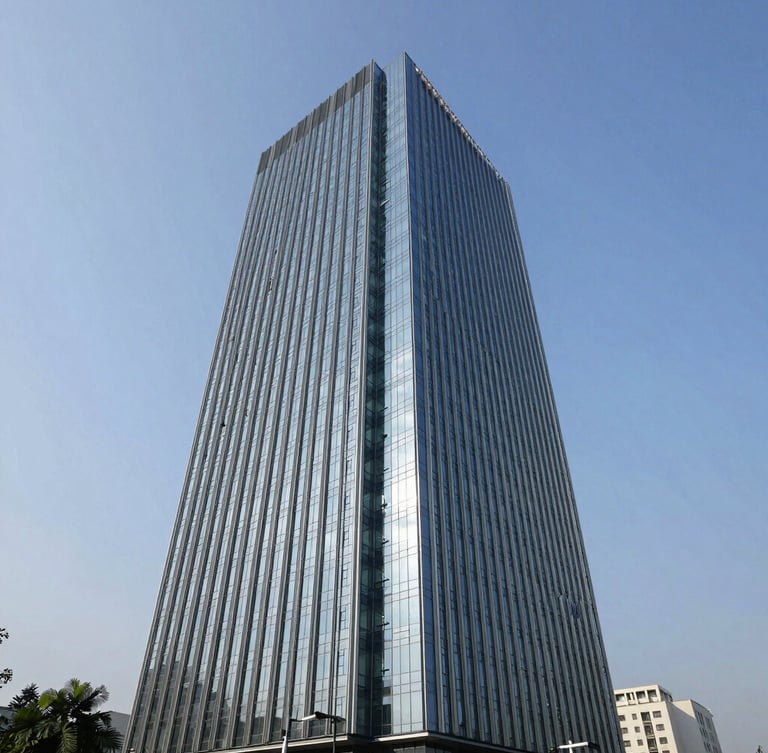 Sleek modern real estate office tower in Gurgaon, bright natural daylight, sharp focus, 35mm architectural photography