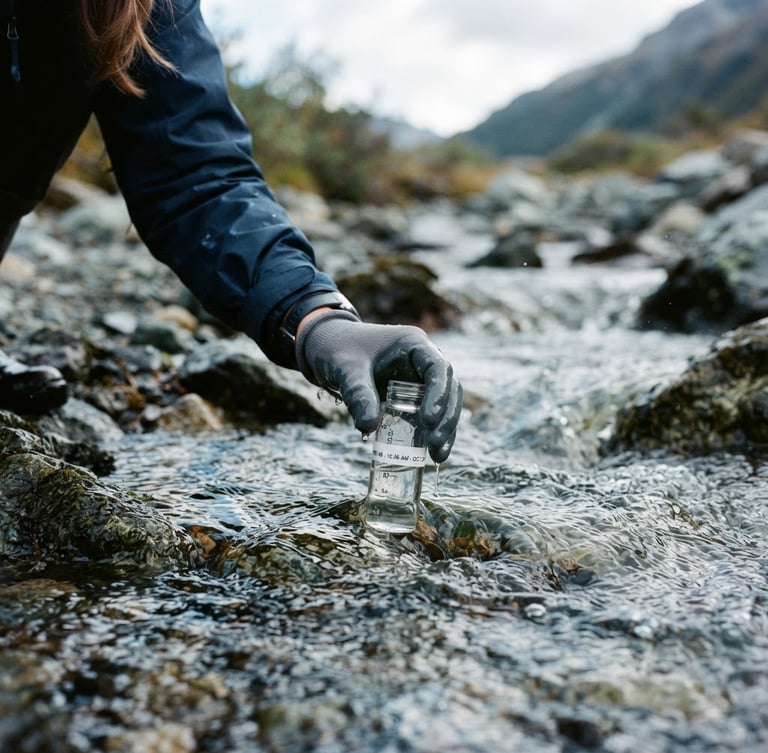 Documentary conservation photography of a marine biologist taking water samples from a cold mountain stream, crisp natural overcast daylight, cool desaturated blues and slate grays, 35mm lens, close-up on scientific glass vial