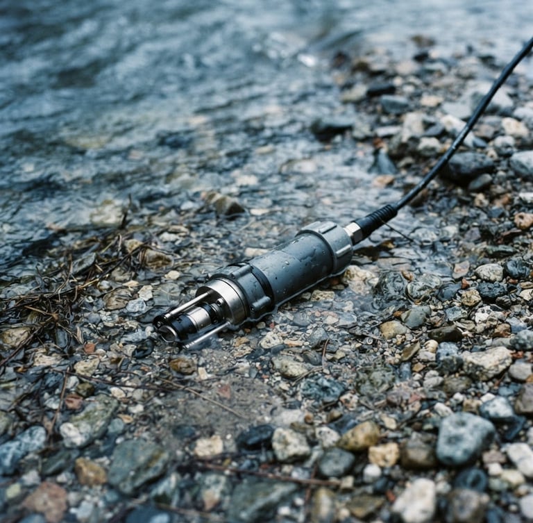A close-up documentary shot of a water quality sensor submerged in clear river gravel, natural overcast daylight, cool desaturated blue tones, 35mm lens