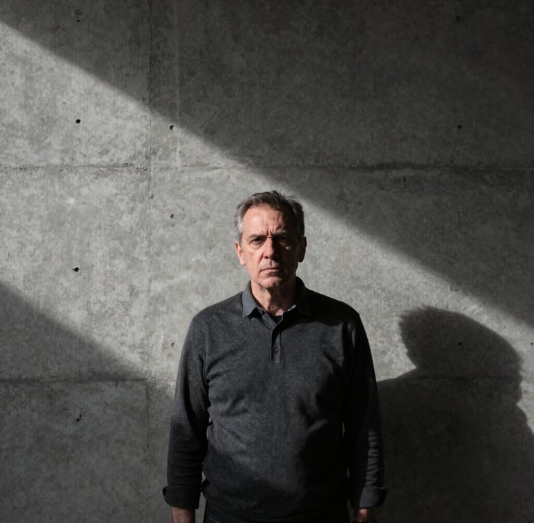 Minimal portrait photograph of a seasoned architect with a severe, thoughtful expression, standing against a textured raw concrete wall, illuminated by harsh geometric shadows from a low-angle natural light source, desaturated charcoal tones, wide-angle lens, 35mm