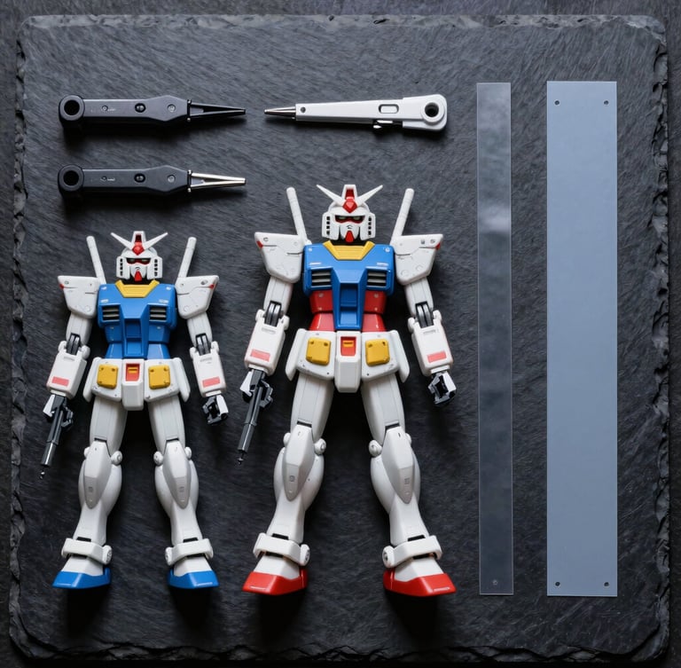 Top-down flat lay of clean plastic Gundam runners, precision sprue-cutters, and panel liners arranged on a dark matte slate cutting mat under cool studio lighting.