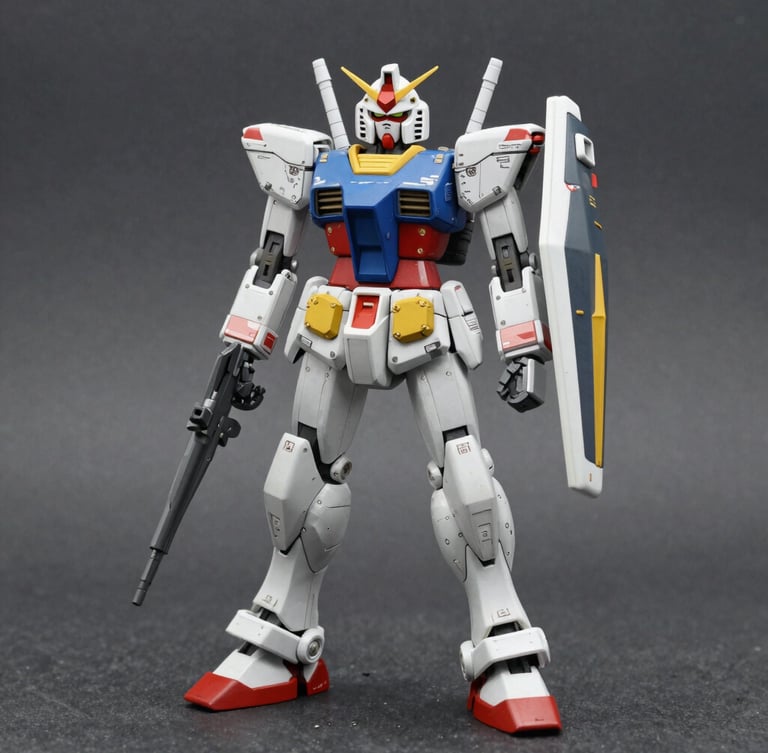 A completed custom painted Gundam model kit with clean panel lines, shot against a neutral dark slate background, sharp studio lighting, macro lens