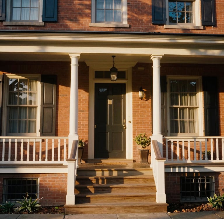 An eye-level, inviting wide shot of a welcoming front porch of a historic Trenton brick row house, warm golden hour sunlight streaming across the wooden steps, 35mm
