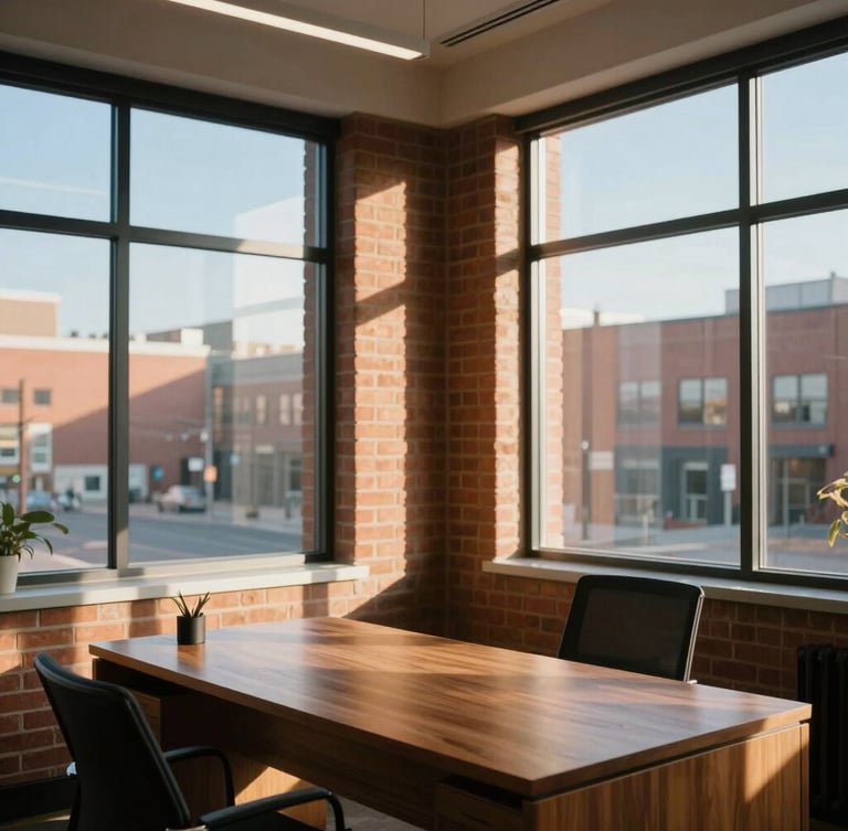 A bright, modern Hamilton office interior with large windows, warm brick walls, a wooden desk, and soft morning sunlight streaming in, 35mm editorial photography.