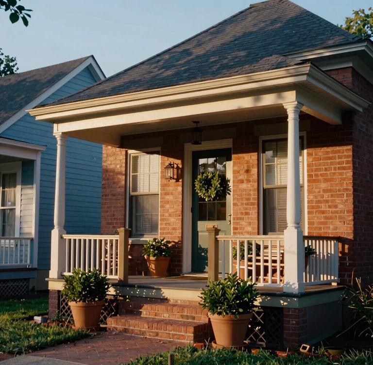 Warm golden hour sunlight illuminating the brick front porch of a historic Trenton home, green potted plants, welcoming neighborhood streetscape, 35mm