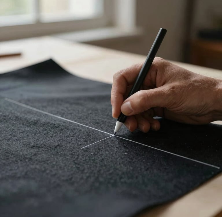 Macro close-up of a master tailor's hands using white chalk to draft a pattern on heavy charcoal wool, soft directional window light, shallow depth of field.
