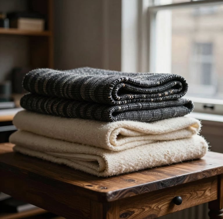 Stacked rolls of premium vintage tweed and heavy wool on a dark oak table in a quiet, moody London workshop, soft window light
