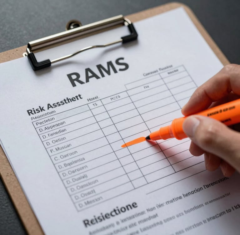 Tight macro shot of a site-specific RAMS document on a weathered clipboard, crisp industrial overcast light, high-contrast, safety-orange marker highlighting a risk assessment matrix.