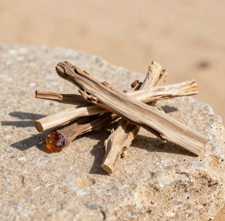 A close-up portrait of raw, jagged pieces of dry oud wood and amber resin resting on a textured sandstone block, harsh direct desert sunlight, high-contrast shadows, warm neutral tones