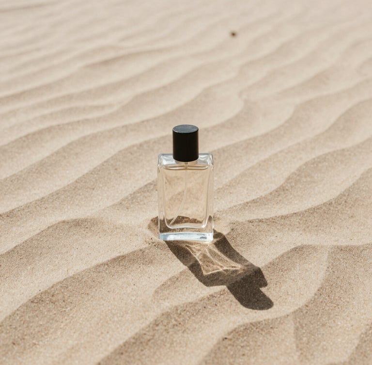 Minimalist glass perfume bottle casting a long shadow on textured sandstone, harsh desert sunlight, warm neutral tones, 35mm