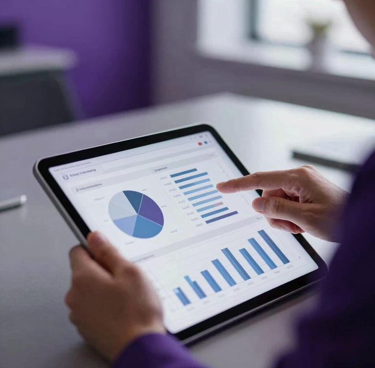 Corporate editorial photography, close-up of a professional analyzing data charts on a tablet in a modern office, cool daylight, deep purple accents, sharp focus, 35mm