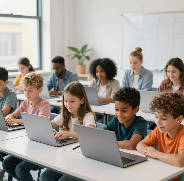 Bright editorial photography of diverse international children and adults collaborating with laptops in a modern, sunlit London classroom, 35mm lens.