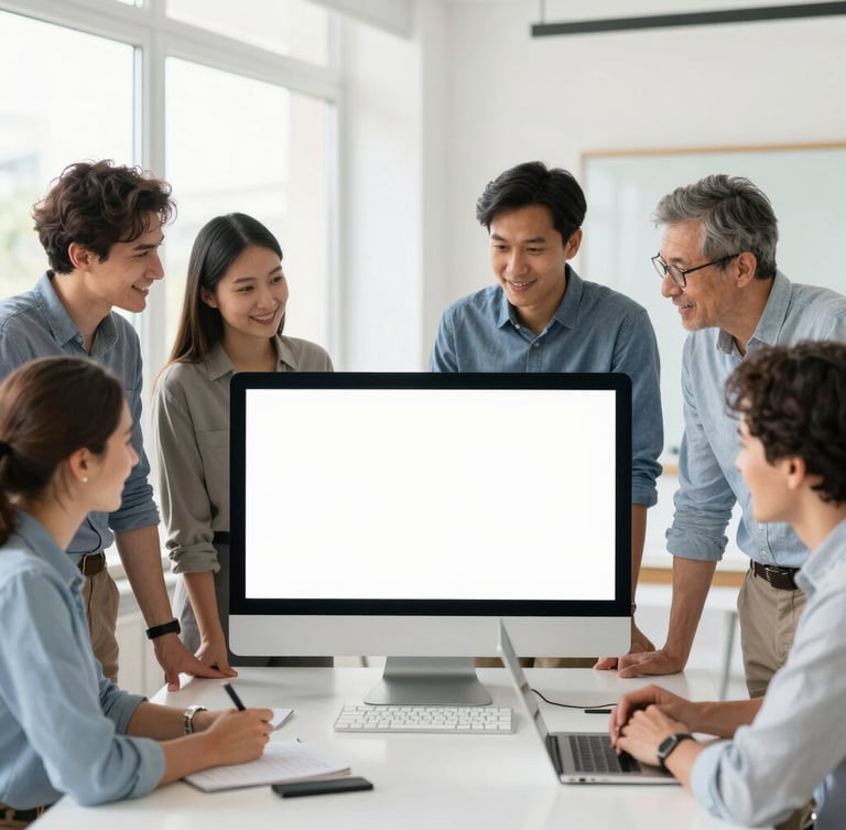Bright editorial photo of a diverse group of international adult professionals collaborating around a screen in a sunlit modern workspace, optimistic tones.