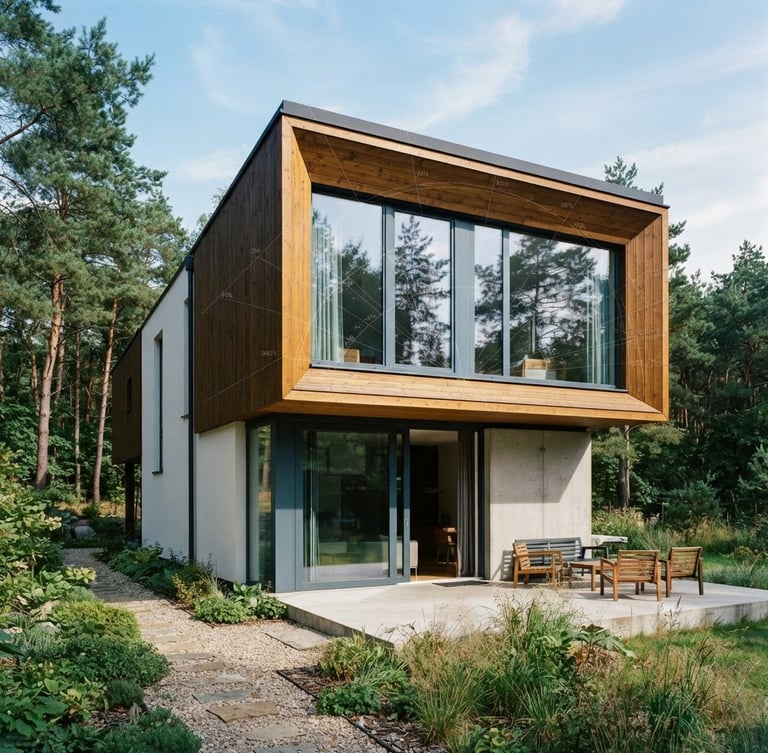Professional architectural photography of a modern Polish single-family home with clean geometric lines, bright natural daylight, technical solar analysis overlay lines faintly visible, warm amber and cool blue tones, 35mm