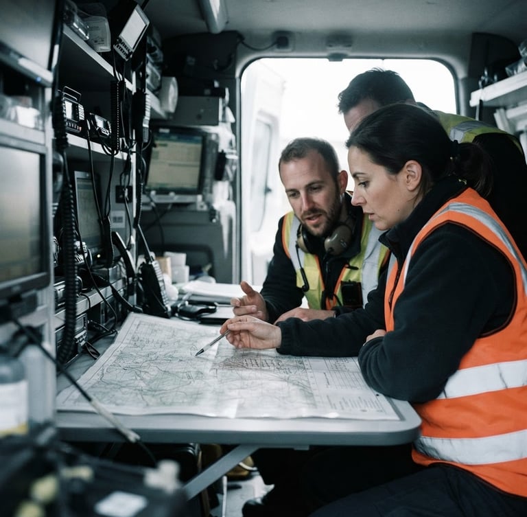 Team of specialists in high-visibility vests analyzing a large map on a mobile command vehicle dashboard at a field incident site, high-contrast daylight, cool muted tones with orange accents, sharp focus, 35mm lens