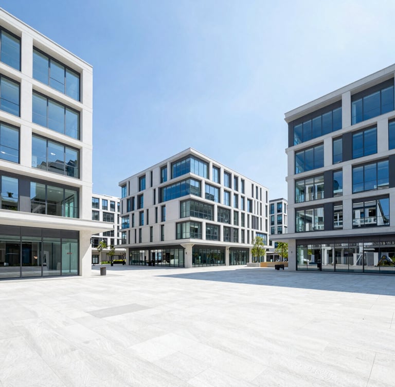 Bright architectural photography of a sun-drenched mixed-use urban plaza, modern concrete and glass structures, crisp morning daylight, clean white and vibrant blue tones, wide-angle lens, high-key